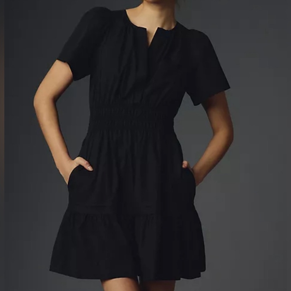 Anthropologie Black Mini Dress with Smocked Waist - Picture 3 of 3